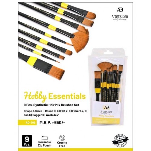 Hobby Essentials Synthetic Hair Mix  Brushes Set (Set of 9 Brushes) KS01441